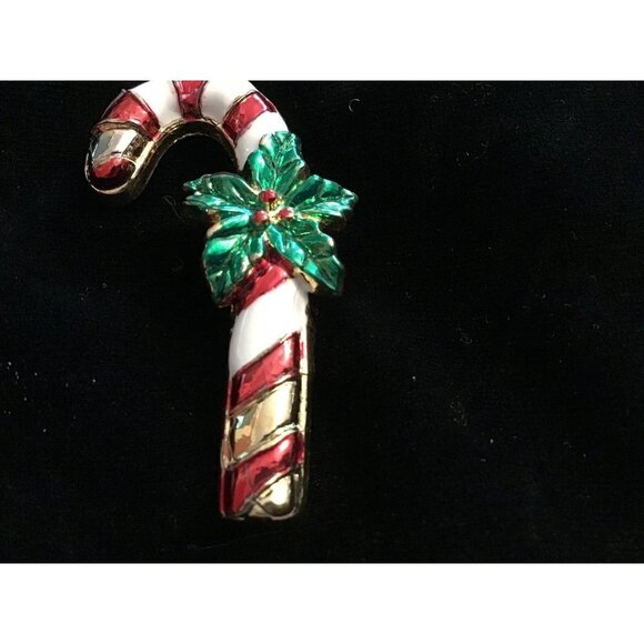 Vintage AAi Gold-Tone Enamel Christmas Candy Cane with Holly leaves  Signed - Picture 3 of 10